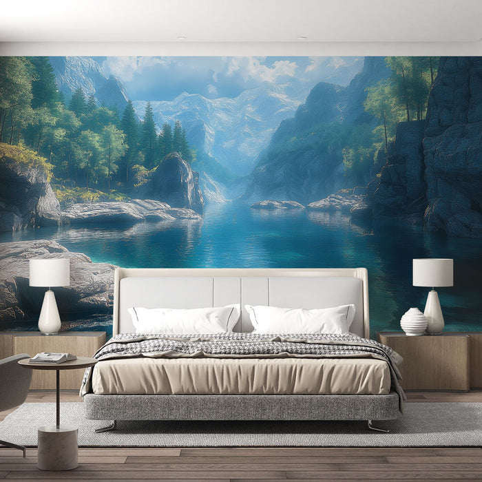 Tapete Berglandschaft | Türkisfarbener Fluss umgeben von Klippen und üppigen Wäldern