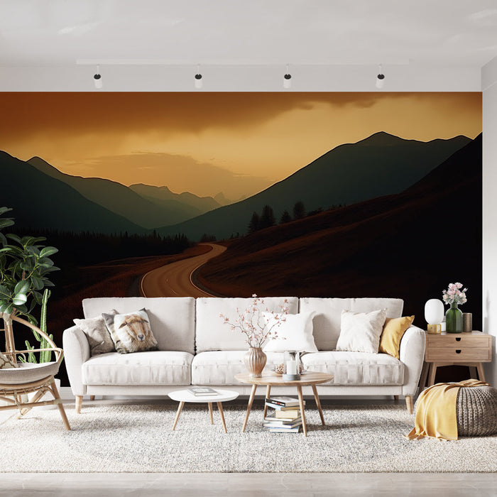 Fotótapé hegyi tájkép | Kanyargós út naplementekor