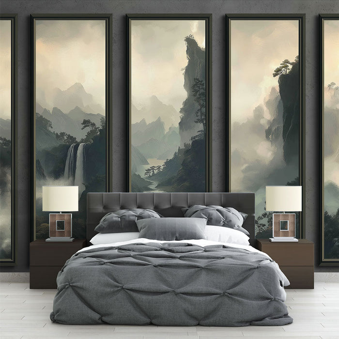 Maalitud tapeet mägimaastik | Uduste mägede stseen koos majesteetlike jugadega