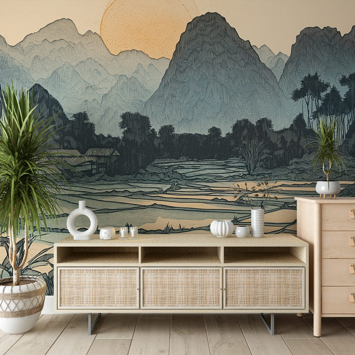 Ταπετσαρία τοπίου βουνού | Ήρεμη σκηνή με ορυζώνες και βουνά στο παρασκήνιο