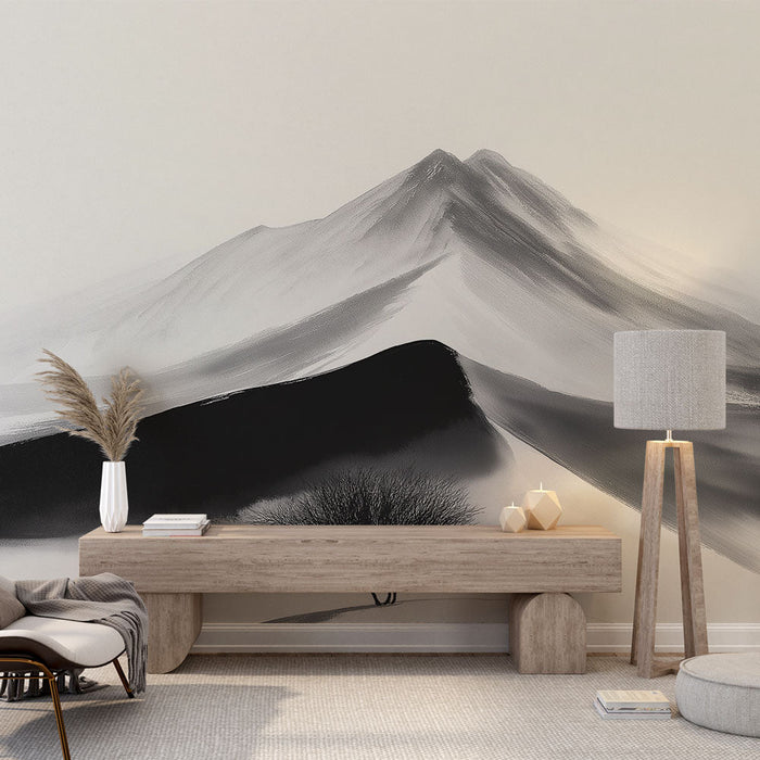 Tapeta planinski krajolik | Silueta drveća na jednobojnoj pozadini planine