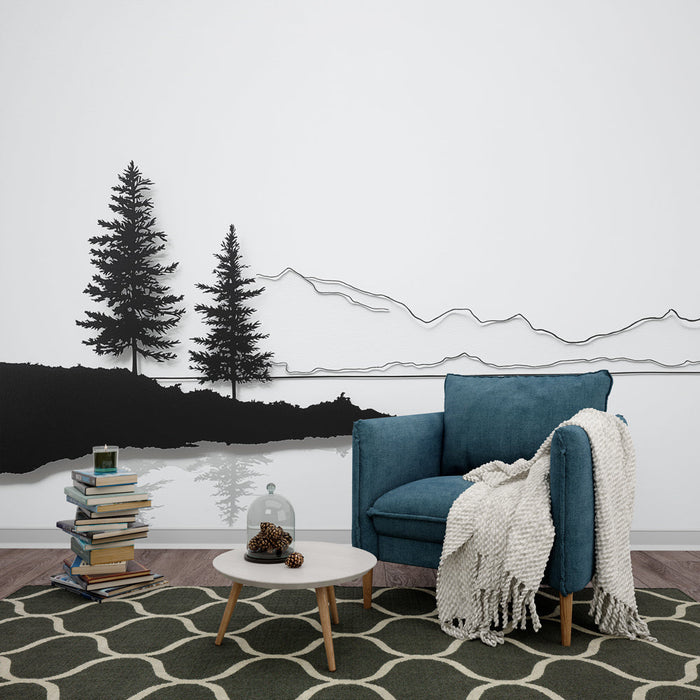 Berglandschaft Tapete | Baum Silhouetten und Horizontlinie