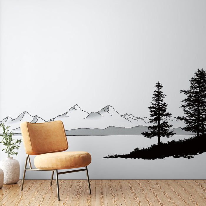 Tapet peisaj montan | Siluete de copaci și vârfuri acoperite de zăpadă în monocrom