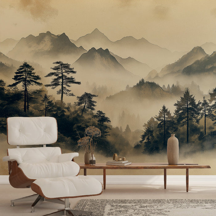 Papel de parede paisagem de montanha | Panorama sublime de montanhas nebulosas com elegantes árvores