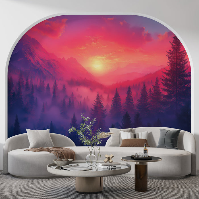 Fotótapé hegyvidéki tájkép | Élénk naplemente a fák szívében