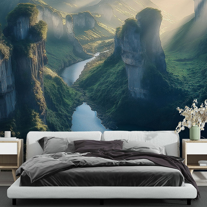 Hegyi tájkép tapéta | Nyugodt völgy zöld sziklák által körülvéve