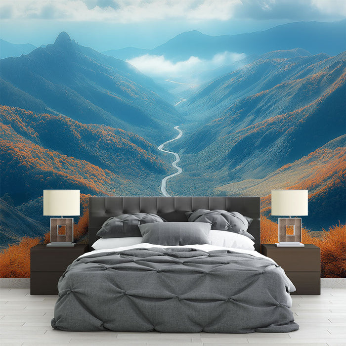 Tapet peisaj muntos | Valea încolăcită înconjurată de copaci aurii