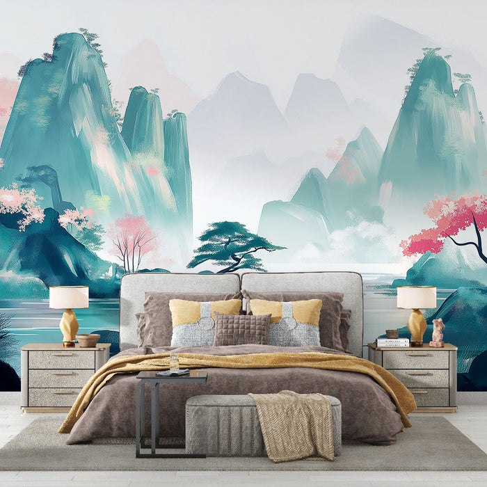 Tapeta horská krajina | Uklidňující pohled na hory vystupující z jemné mlhy s doteky sakur.