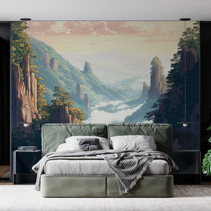 Carta da parati paesaggio montano | Vista panoramica delle montagne avvolte nella nebbia