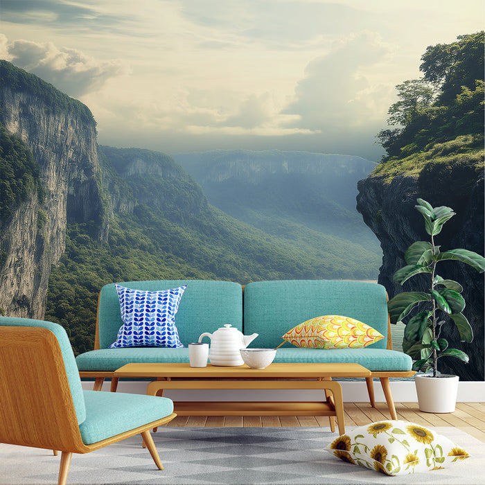 Tapete Berglandschaft | Panoramablick auf grüne Klippen und türkisfarbenes Meer