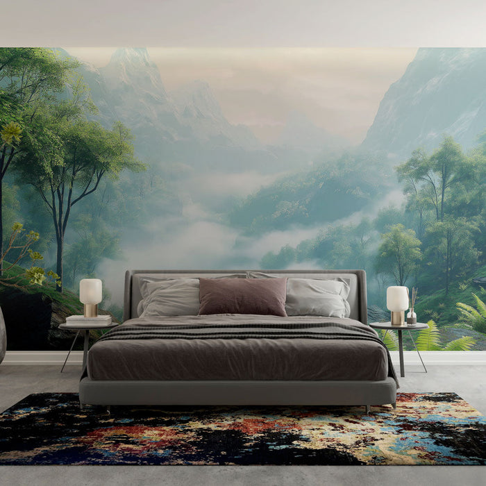 Tapeta planinski krajolik | Panoramski pogled na maglovite planine i bujnu dolinu