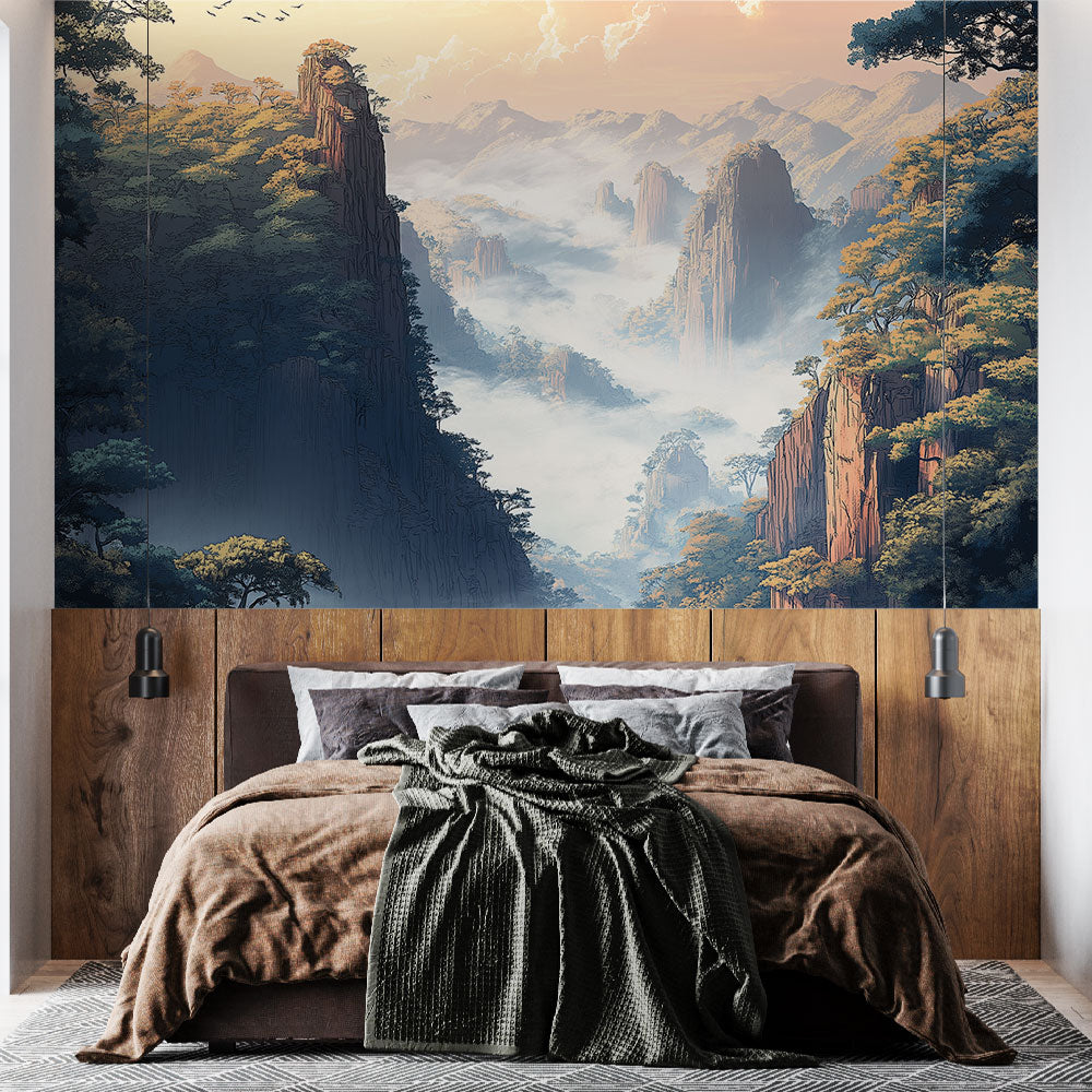 Fototapet fjellandskap | Fredfull utsikt over tåkete fjell og frodige —  WonderMural, image size:1000x1000