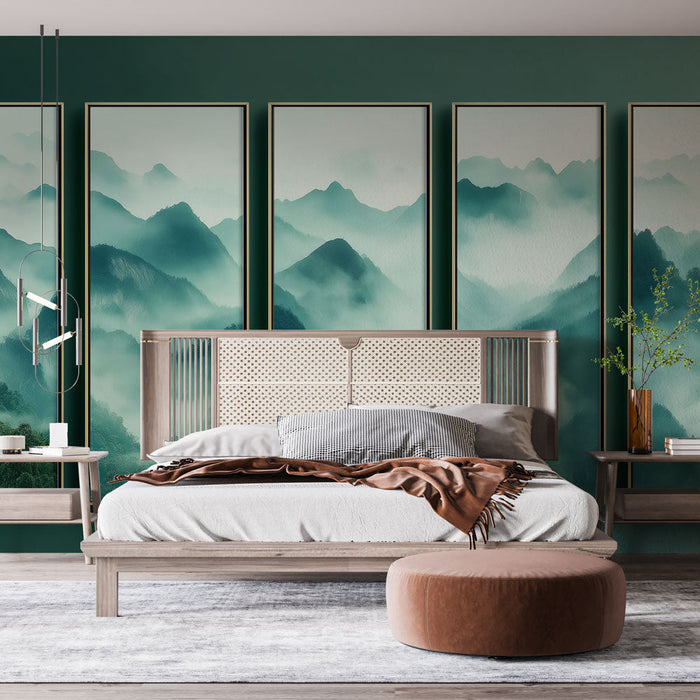 Tapete τοπίο βουνού | Ομίχλη θέα των βουνών σε πράσινες και μπλε αποχρώσεις
