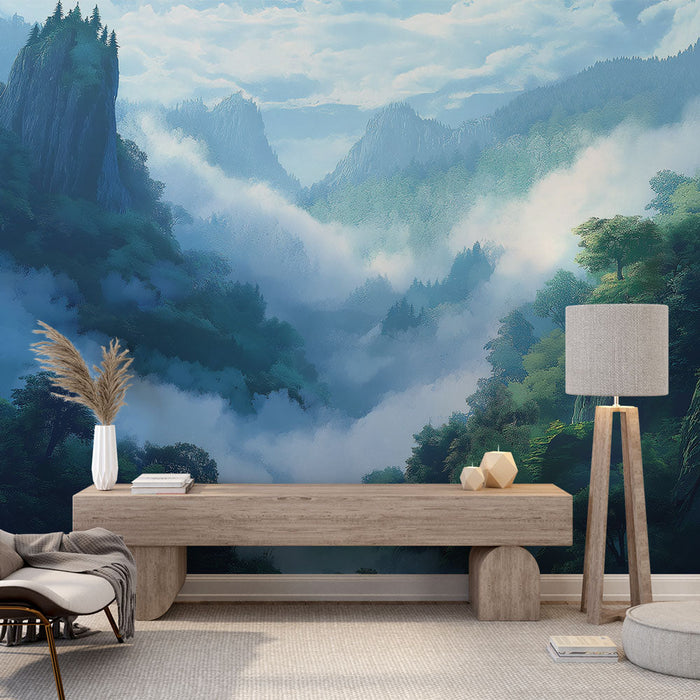 Ταπετσαρία τοπίου βουνών | Ομιχλώδεις θέες πάνω από μια πράσινη κοιλάδα