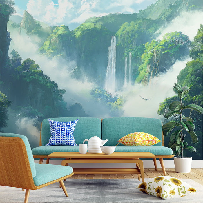 Fototapet mystisk landskap | Imponerende foss omgitt av tåke og frodig vegetasjon