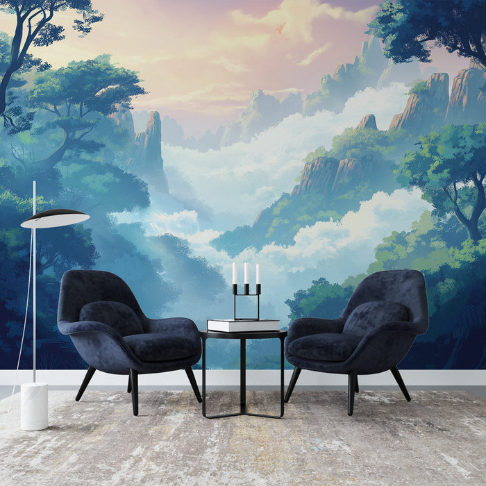 Falfestmény titokzatos táj | Ködös hegyek és sűrű erdő