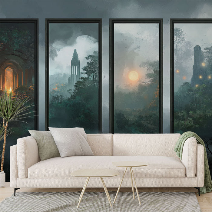 Tapete paysage mystique | Scènes de nature brumeuse et éclat de lumière