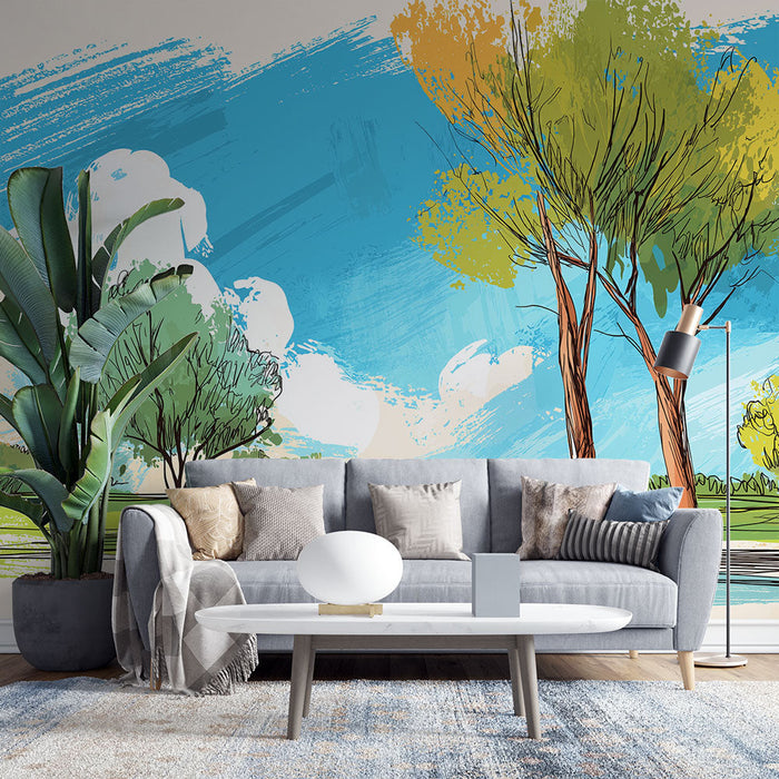 Foto Behang natuurlijk landschap | Bomen en gestileerde blauwe lucht