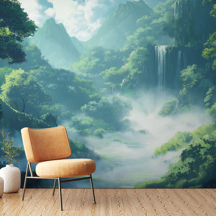 Tapete natürliche Landschaft | Wasserfall und nebliger Wald