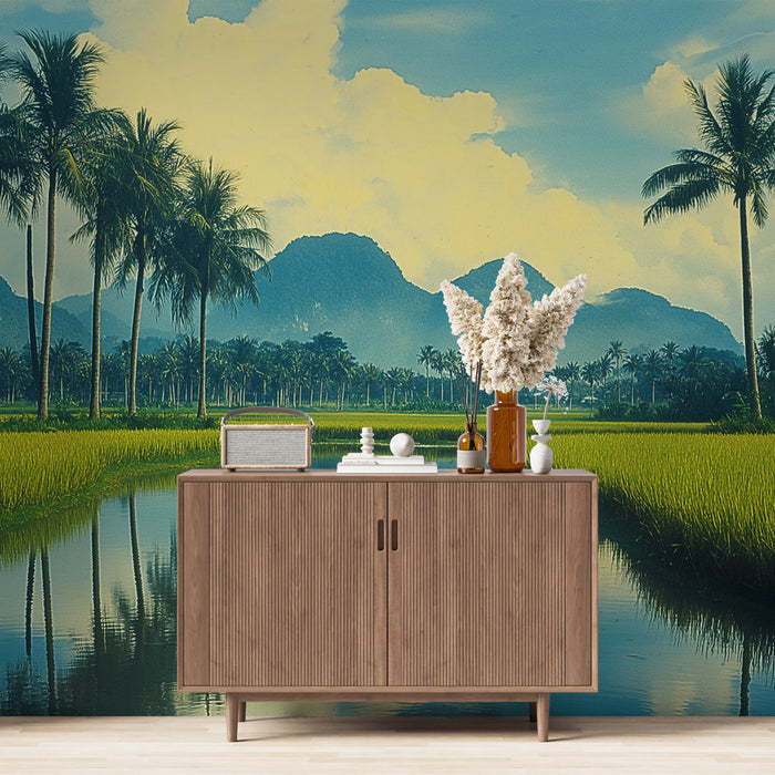 Fototapet peisaj natural | Câmpuri de orez și palmieri sub un cer înnorat