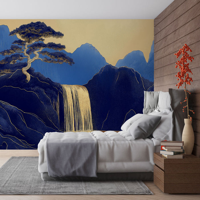 Tapet peisaj natural | Cascade stilizate cu un copac maiestuos