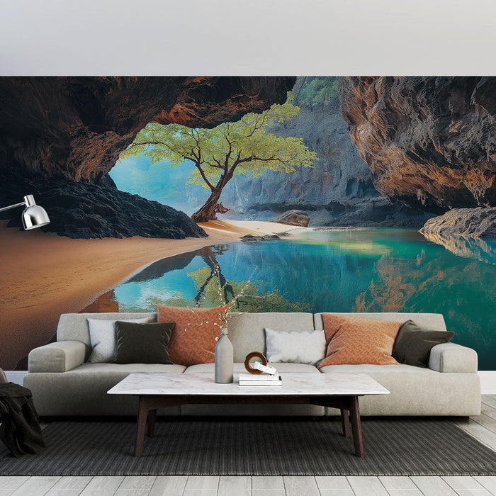 Fototapet naturlandskap | Flykt inn i en tropisk hule med et ikonisk tre