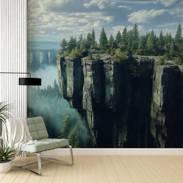 Tapeta pejzażowa naturalny krajobraz | Majestatyczne klify i lekka mgła w lesie