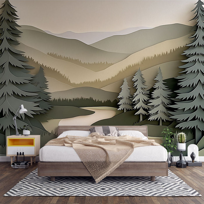 Tapete Naturlandschaft | Stilisierter Wald mit windenden Flüssen und Bergen im Hintergrund