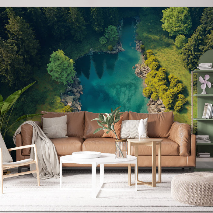 Foto Behang natuurlijk landschap | Rivier omgeven door bomen en rotsen