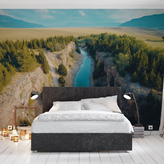 Foto Behang natuurlijk landschap | Turkooise rivier omringd door kliffen en bossen