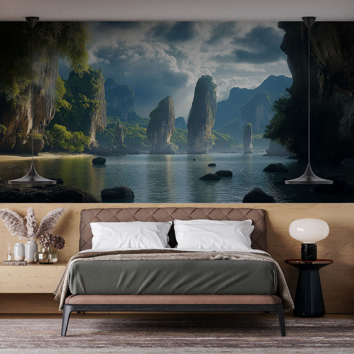 Carta da parati paesaggio naturale | Rocce maestose e vegetazione rigogliosa vicino all'acqua