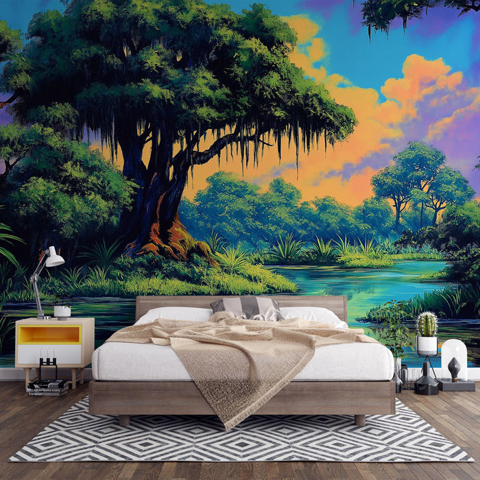 Papel de parede paisagem natural | Cena de pântano com árvores exuberantes e reflexos aquáticos