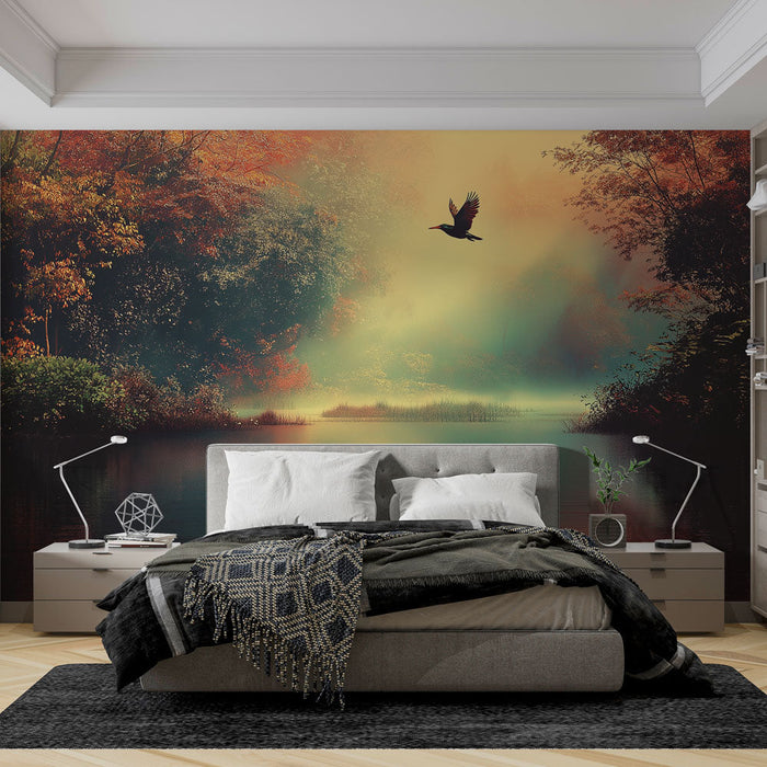 Fototapete Naturlandschaft | Ein bezauberndes Spiegelbild eines Herbstwaldes am Wasser