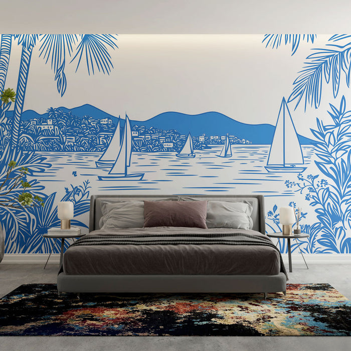 Tengeri tájkép tapéta | Békés vitorlázás hegyekkel és trópusi növényzettel