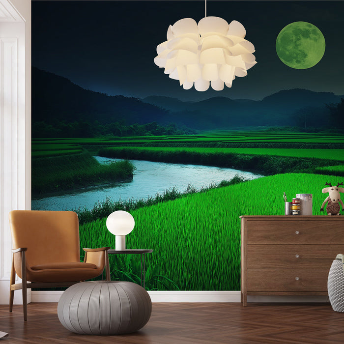 Tapeta noćni krajolik | Rižina polja pod svijetlim mjesecom