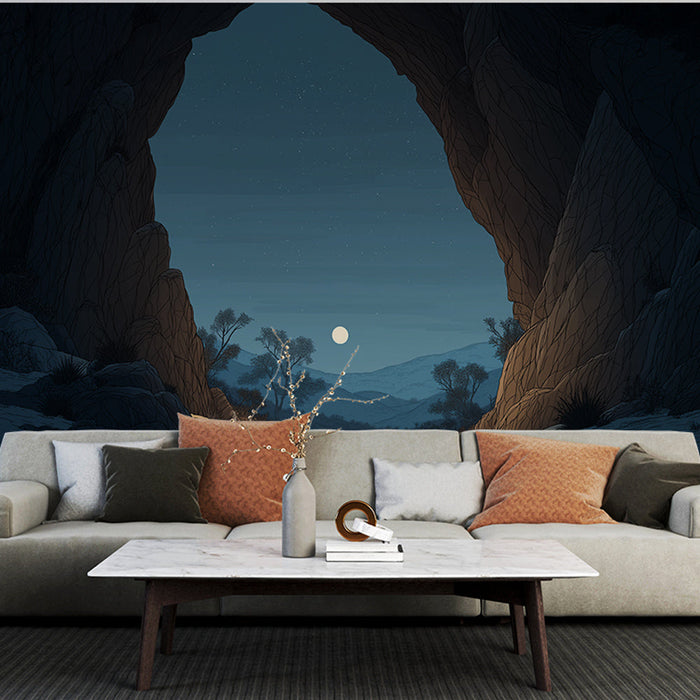 Tapeta pejzażowa | Jaskinia z księżycem i górami w tle