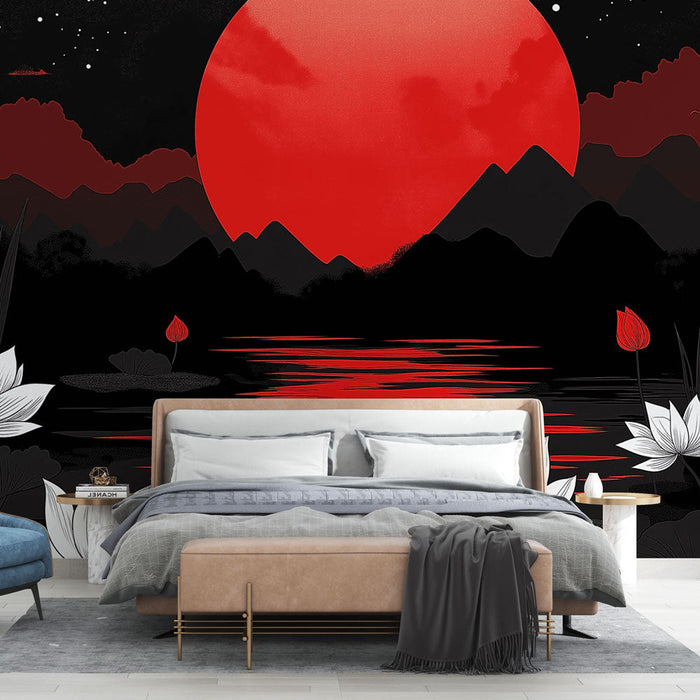 Tapet peisaj nocturn | Lotuși albi și lună roșie pe fundal negru