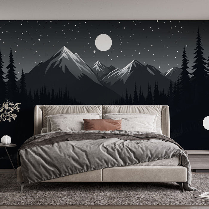 Foto Behang nachtelijk landschap | Besneeuwde bergen onder de maan