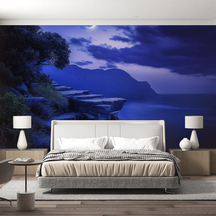 Mural Wallpaper landscape | Mystic shore bathed in blue under the moon