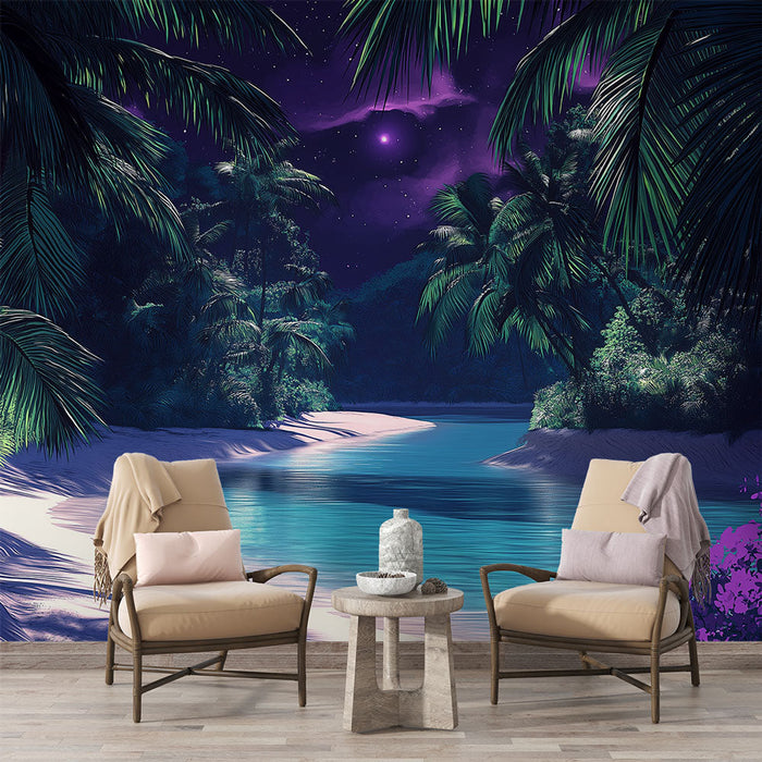 Papel de parede paisagem | Rio brilhante sob palmeiras sob um céu estrelado