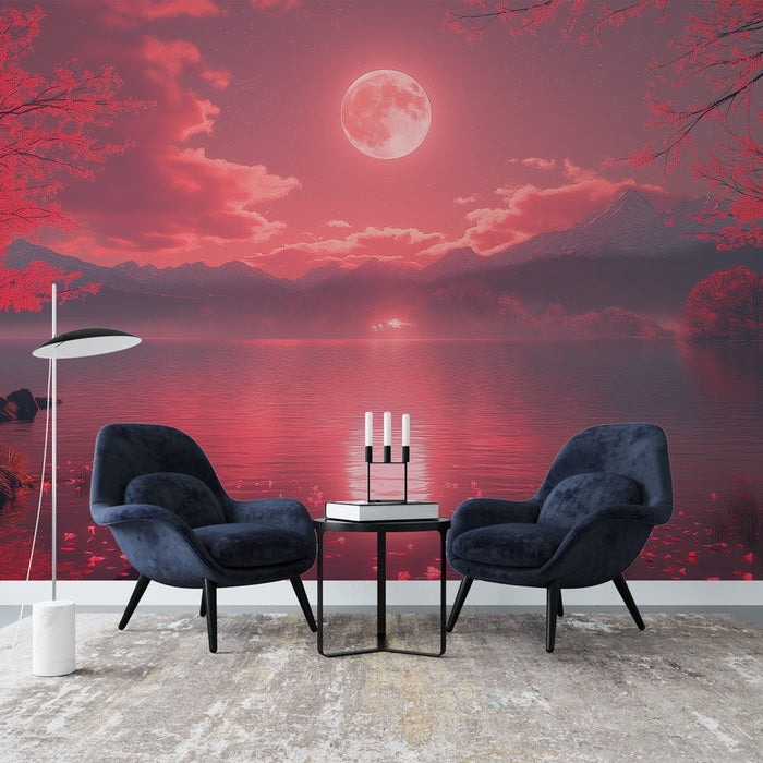Fotótapéta tájkép éjszakai rózsaszín | Tó megvilágítva a telihold alatt virágzó fákkal
