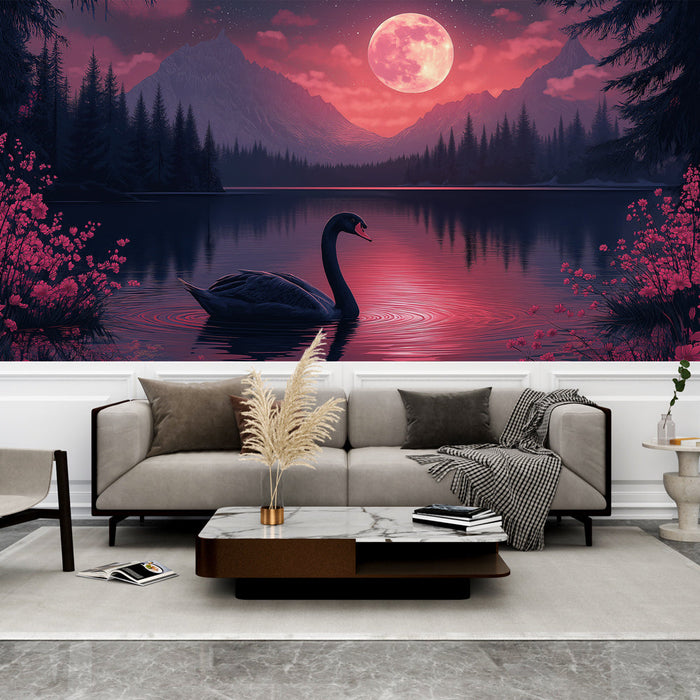 Fotótapéta tájkép | Egy fekete hattyú egy békés tó alatt egy rózsaszín hold alatt