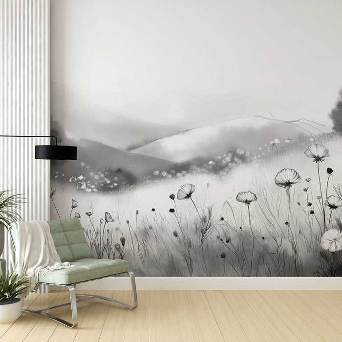 Mural Wallpaper must-valge maastik | Mägi ja heinamaa