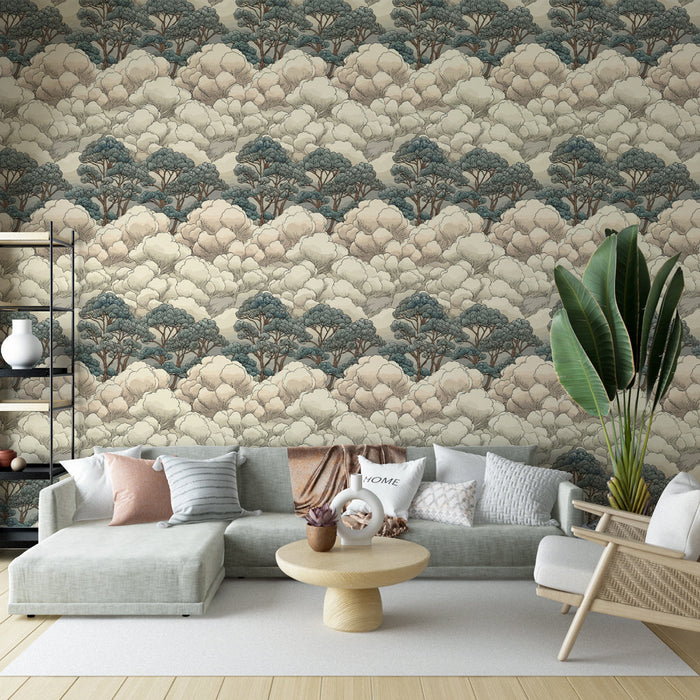 Carta da parati paesaggio nuvoloso | Alberi nei toni tenui in un cielo nuvoloso