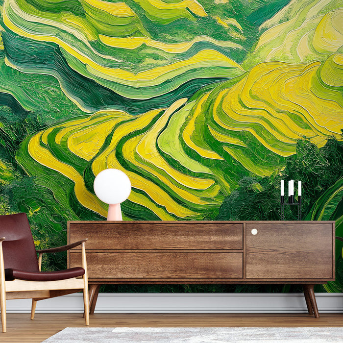 Tapetti aaltoileva maisema | Vihreiden ja keltaisten aaltojen inspiroimana luonnosta