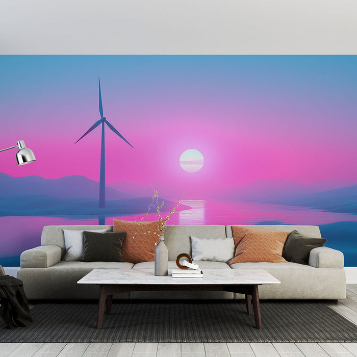 Fototapet sanjivinski krajolik | Vjetrenjača i šareni zalazak sunca