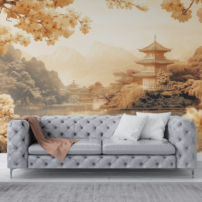Tapete orientalisches Landschaft | Beruhigende Helligkeit von Blumen und Pagoden unter einem ruhigen Himmel