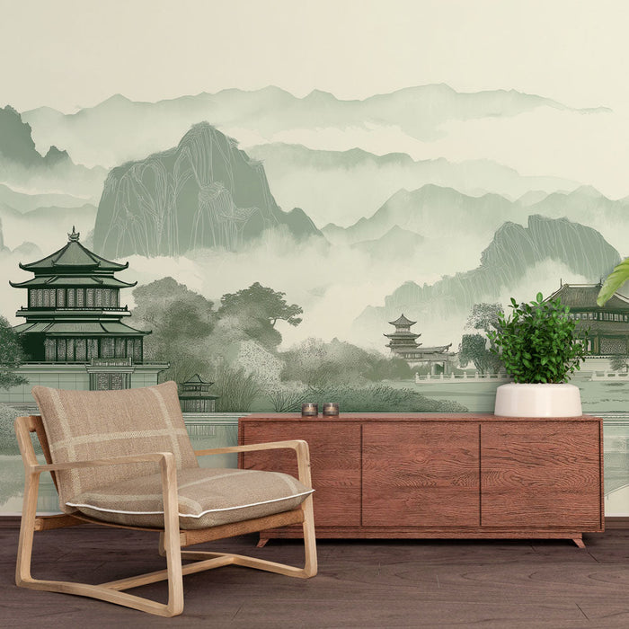 Tapeta pejzażowa orientalna | Elementy architektoniczne i mgliste góry