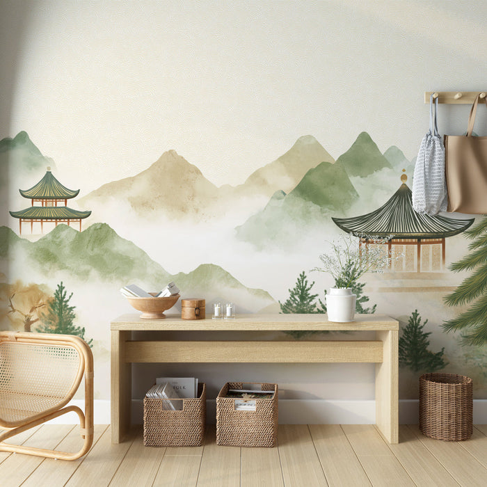 Tapete Landschaft Orientalisch | Nebelige Berge und Elegante Pagoden