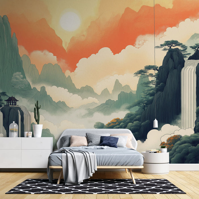 Fototapete orientalische Landschaft | Majestätische Berge und Wasserfälle unter einem feurigen Himmel